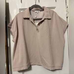 Casual, Distressed Beige Polo Collar Women's Top